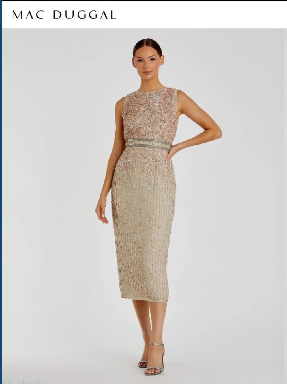 Mac Duggal A10509 Nude Sequin Beaded Midi Sheath Dress Size 8 NWT